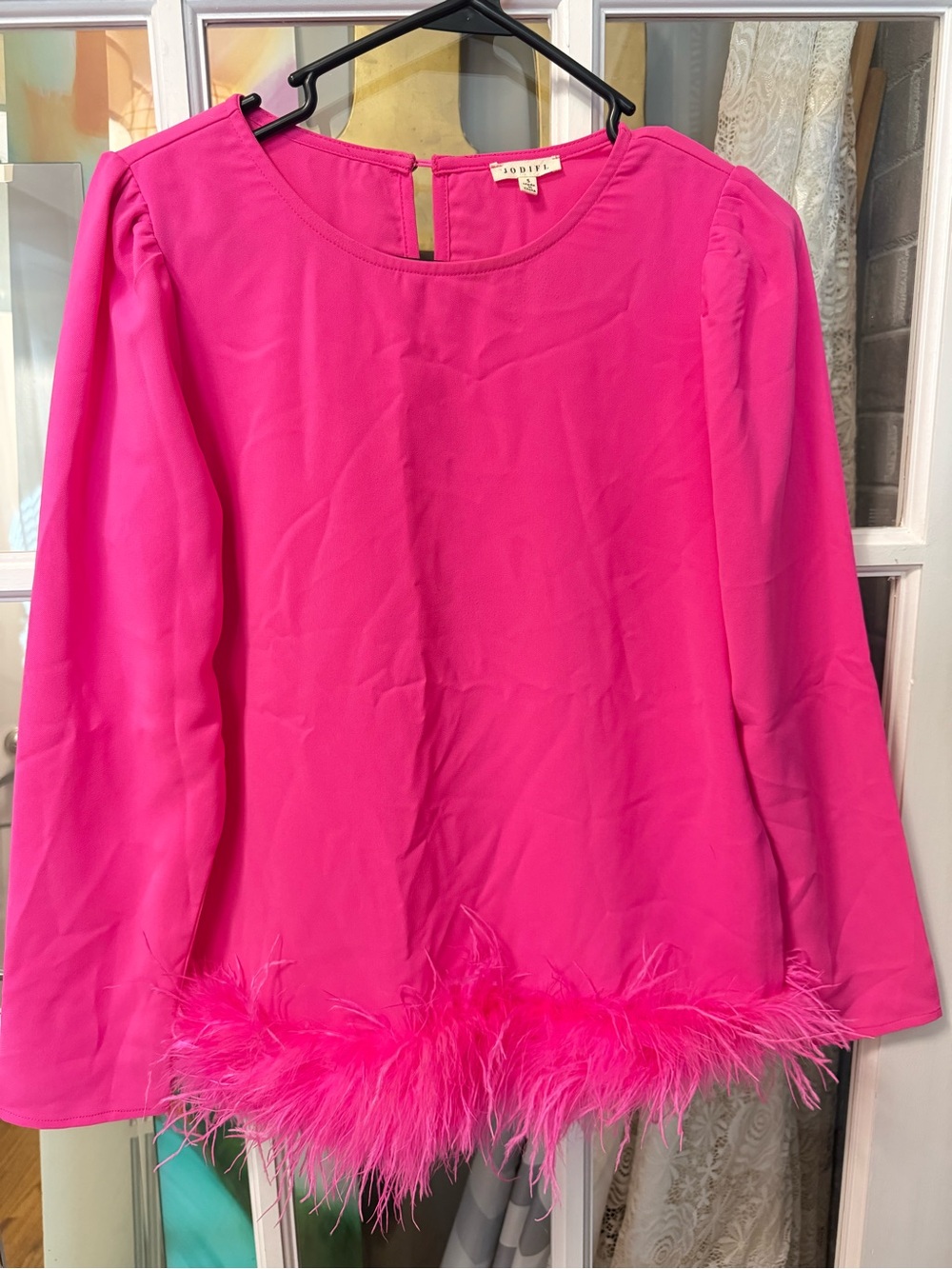 JODIFL Hot Pink Feather-Hem Long Sleeve Blouse